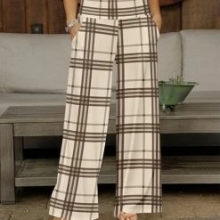 Budget 🌟 Bon Apple Tea Beige & Brown Plaid Wide-Leg Pants - Plus 😍