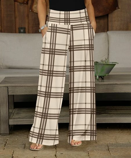 Budget π Bon Apple Tea Beige & Brown Plaid Wide-Leg Pants - Plus π 1 Budget π Bon Apple Tea Beige & Brown Plaid Wide-Leg Pants - Plus π