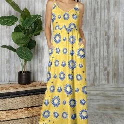 New 🔥 Bon Apple Tea Yellow & Blue Floral Pocket Maxi 👗 Dress - Plus 😉