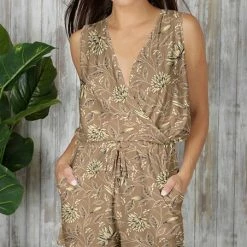 Buy 😍 Bon Apple Tea Beige & Cream Floral Pocket Surplice Romper - Plus 🔔