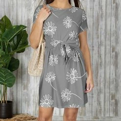 Wholesale 🛒 Bon Apple Tea Gray & White Dandelion Short-Sleeve Tie-Waist 👗 Dress - Plus 🎁