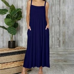 Promo ⭐ Bon Apple Tea Navy Blue Cami-Strap Ruched-Bodice Pocket Maxi 👗 Dress - Plus ✨