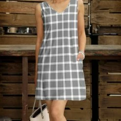 Outlet ✔️ Bon Apple Tea Gray & White Buffalo Check V-Neck Sleeveless Shift 👗 Dress - Plus 🎉