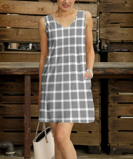 Outlet βοΈ Bon Apple Tea Gray & White Buffalo Check V-Neck Sleeveless Shift π Dress - Plus π 1 Outlet βοΈ Bon Apple Tea Gray & White Buffalo Check V-Neck Sleeveless Shift π Dress - Plus π