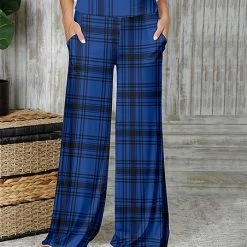 Cheap 🎁 Bon Apple Tea Blue & Black Plaid Pocket Wide-Leg Pants - 👩 Women 👏