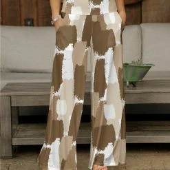 Promo 😍 Bon Apple Tea Beige & White Abstract Pocket Palazzo Pants - 👩 Women & Plus 💯