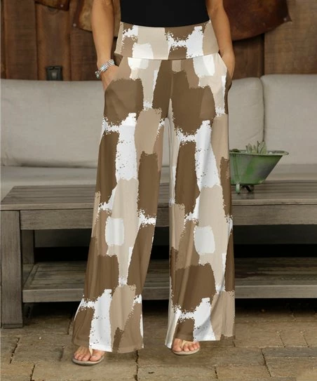 Promo π Bon Apple Tea Beige & White Abstract Pocket Palazzo Pants - π© Women & Plus π―