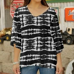 Deals 🎉 Bon Apple Tea Black & White Ikat V-Neck Three-Quarter Sleeve Top - 👩 Women & Plus ❤️