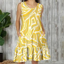 Coupon ❤️ Bon Apple Tea Yellow & White Abstract Pocket Ruffle-Hem Sleeveless 👗 Dress - 👩 Women & Plus 💯
