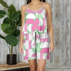 Budget 🛒 Bon Apple Tea Mint & Magenta Abstract Tie-Waist Popover Romper - 👩 Women & Plus 🔔