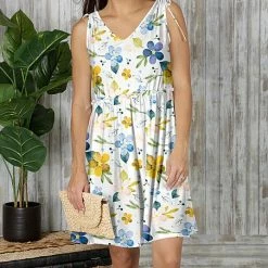 Best Sale ✨ Bon Apple Tea White & Yellow Floral Tie-Shoulder Sleeveless V-Neck 👗 Dress - 👩 Women & Plus ✔️
