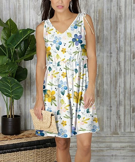Best Sale β¨ Bon Apple Tea White & Yellow Floral Tie-Shoulder Sleeveless V-Neck π Dress - π© Women & Plus βοΈ