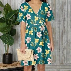 Discount 🤩 Bon Apple Tea Turquoise & Pink Flower Surplice 👗 Dress - 👩 Women & Plus 👏