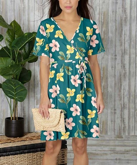 Discount π€© Bon Apple Tea Turquoise & Pink Flower Surplice π Dress - π© Women & Plus π 1 Discount π€© Bon Apple Tea Turquoise & Pink Flower Surplice π Dress - π© Women & Plus π