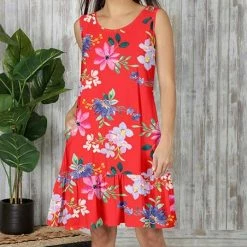 Buy 😀 Bon Apple Tea Red & Lilac Floral Ruffle-Hem Pocket Shift 👗 Dress - 👩 Women & Plus 🥰