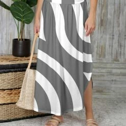 Top 10 🛒 Bon Apple Tea Gray & White Arch Stripe Curved-Hem Side-Slit Maxi 👗 Skirt - Plus 🌟