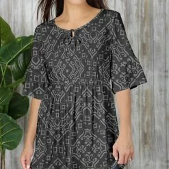 New 😀 Bon Apple Tea Gray & Black Geometric Keyhole-Neck Tie Half-Sleeve Tunic - Plus 🧨