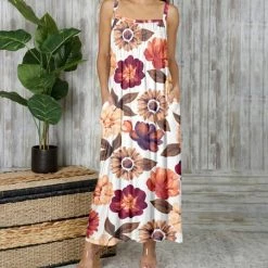 Brand new ✔️ Bon Apple Tea White & Burgundy Floral Square-Neck Cami-Strap Pocket Maxi 👗 Dress - 👩 Women & Plus 🛒
