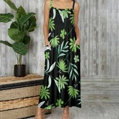 Buy 😍 Bon Apple Tea Black & Green Tropical Leaves Cami-Strap Pocket Maxi 👗 Dress - 👩 Women 🛒