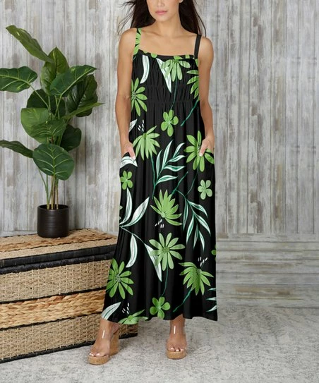 Buy π Bon Apple Tea Black & Green Tropical Leaves Cami-Strap Pocket Maxi π Dress - π© Women π 1 Buy π Bon Apple Tea Black & Green Tropical Leaves Cami-Strap Pocket Maxi π Dress - π© Women π