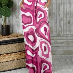 Buy 🥰 Bon Apple Tea Pink & White Agate Abstract Drawstring-Waist Pocket Maxi 👗 Skirt - 👩 Women & Plus 🧨