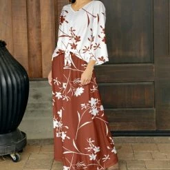 Buy 💯 Bon Apple Tea Clay & White Floral Flutter-Sleeve Tie-Front Top & Maxi 👗 Skirt - Plus 💯