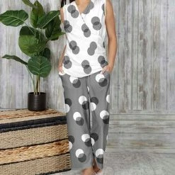 Cheap 👍 Bon Apple Tea White Dot Surplice Sleeveless Top & Gray Dot Pocket Pants - Plus 😍
