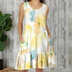 Best reviews of ⌛ Bon Apple Tea White & Yellow Floral Pocket Ruffle-Hem Sleeveless 👗 Dress - 👩 Women 😍