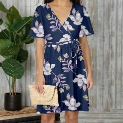 Buy 😍 Bon Apple Tea Blue & Lavender Floral Surplice 👗 Dress - 👩 Women & Plus 👍
