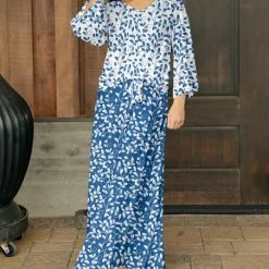 Best deal 🔔 Bon Apple Tea Blue & White Floral Flutter-Sleeve Tie-Front Top & Maxi 👗 Skirt - Plus 👏