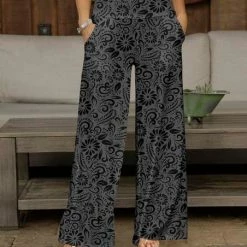Cheap 🔥 Bon Apple Tea Gray & Black Floral Pocket Wide-Leg Pants - 👩 Women & Plus ✨