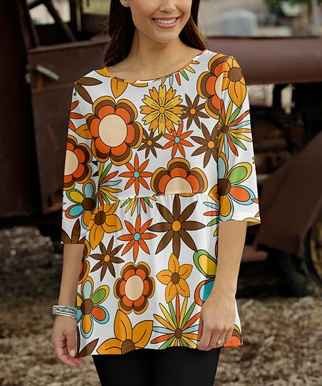 Promo π Bon Apple Tea Orange & White Abstract Floral Empire-Waist Half-Sleeve Tunic - Plus π