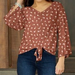 Best Pirce ✨ Bon Apple Tea Clay & White Leaf Tie-Waist Wide-Sleeve Top - 👩 Women 🌟