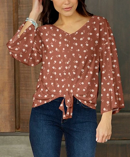 Best Pirce β¨ Bon Apple Tea Clay & White Leaf Tie-Waist Wide-Sleeve Top - π© Women π 1 Best Pirce β¨ Bon Apple Tea Clay & White Leaf Tie-Waist Wide-Sleeve Top - π© Women π