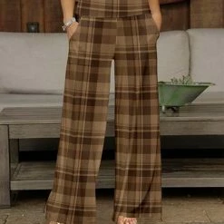 Deals 😍 Bon Apple Tea Beige & Brown Plaid Pocket Wide-Leg Pants - 👩 Women 🔥