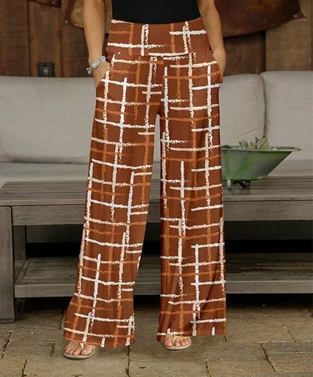 Buy π Bon Apple Tea Rust & White Abstract Lines Pocket Wide-Leg Pants - Plus π 1 Buy π Bon Apple Tea Rust & White Abstract Lines Pocket Wide-Leg Pants - Plus π