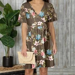 Wholesale 🧨 Bon Apple Tea Brown & Pink Floral Tie-Waist Surplice 👗 Dress - 👩 Women & Plus 🥰