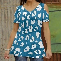 Cheap 🌟 Bon Apple Tea Blue & White Abstract Jaguar Cold-Shoulder V-Neck Top - 👩 Women ✔️