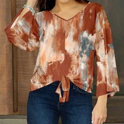 Best Pirce 👏 Bon Apple Tea Rust & Blue Abstract Tie-Front V-Neck Top - Plus 👍