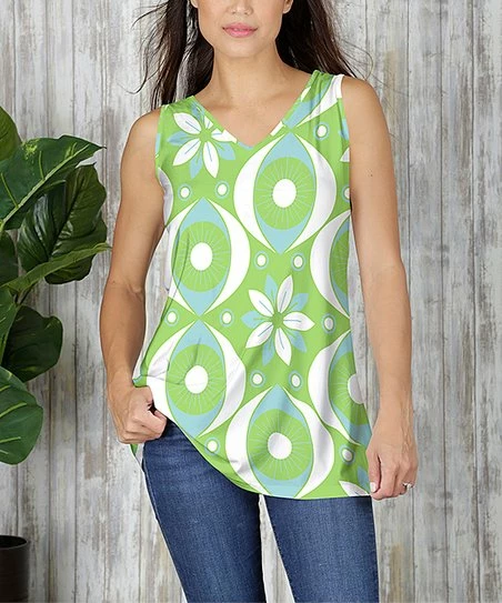 Brand new ๐ฅฐ Bon Apple Tea Green & White Abstract V-Neck Sleeveless Top - ๐ฉ Women & Plus ๐