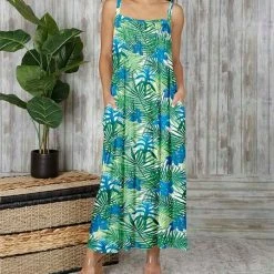 Outlet 👏 Bon Apple Tea Blue & Green Floral Pocket Sleeveless Maxi 👗 Dress - 👩 Women & Plus 🛒