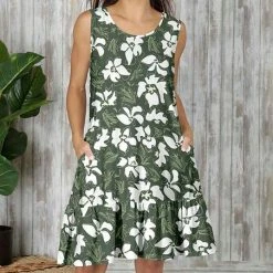 Best Pirce 😍 Bon Apple Tea Olive & White Floral Pocket Ruffle-Hem Sleeveless 👗 Dress - 👩 Women & Plus 🤩