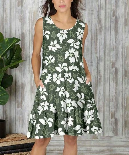 Best Pirce π Bon Apple Tea Olive & White Floral Pocket Ruffle-Hem Sleeveless π Dress - π© Women & Plus π€© 1 Best Pirce π Bon Apple Tea Olive & White Floral Pocket Ruffle-Hem Sleeveless π Dress - π© Women & Plus π€©