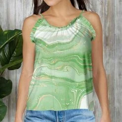 Buy ⌛ Bon Apple Tea Green & White Marbled Ruffle Tank - 👩 Women & Plus ❤️