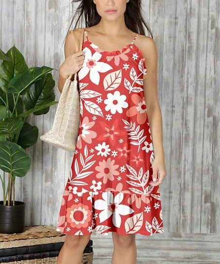 Hot Sale π Bon Apple Tea Coral & White Floral Ruffle-Hem Sleeveless π Dress - π© Women & Plus π 1 Hot Sale π Bon Apple Tea Coral & White Floral Ruffle-Hem Sleeveless π Dress - π© Women & Plus π