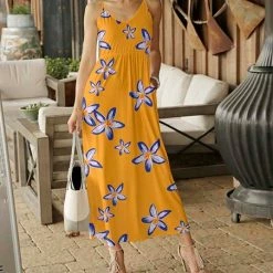Cheapest 🔔 Bon Apple Tea Mango & Blue Floral Pocket Sleeveless V-Neck Maxi 👗 Dress - 👩 Women & Plus 😍