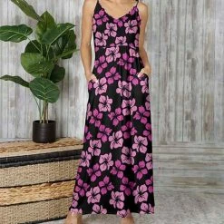 Budget ✨ Bon Apple Tea Black & Magenta Floral Pocket Sleeveless V-Neck Maxi 👗 Dress - 👩 Women & Plus ❤️