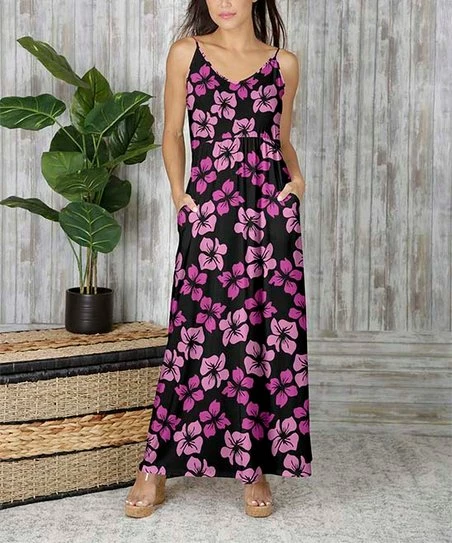 Budget β¨ Bon Apple Tea Black & Magenta Floral Pocket Sleeveless V-Neck Maxi π Dress - π© Women & Plus β€οΈ 1 Budget β¨ Bon Apple Tea Black & Magenta Floral Pocket Sleeveless V-Neck Maxi π Dress - π© Women & Plus β€οΈ