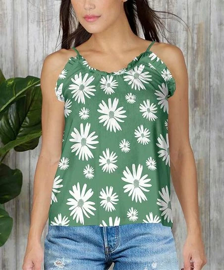 Discount 👏 Bon Apple Tea Green & White Floral Ruffle Tank - 👩 Women & Plus 🎉