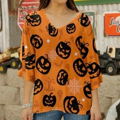 Best Pirce 🎁 Bon Apple Tea Orange & Black Jack-O'-Lantern Wide-Sleeve V-Neck Top - 👩 Women 😍